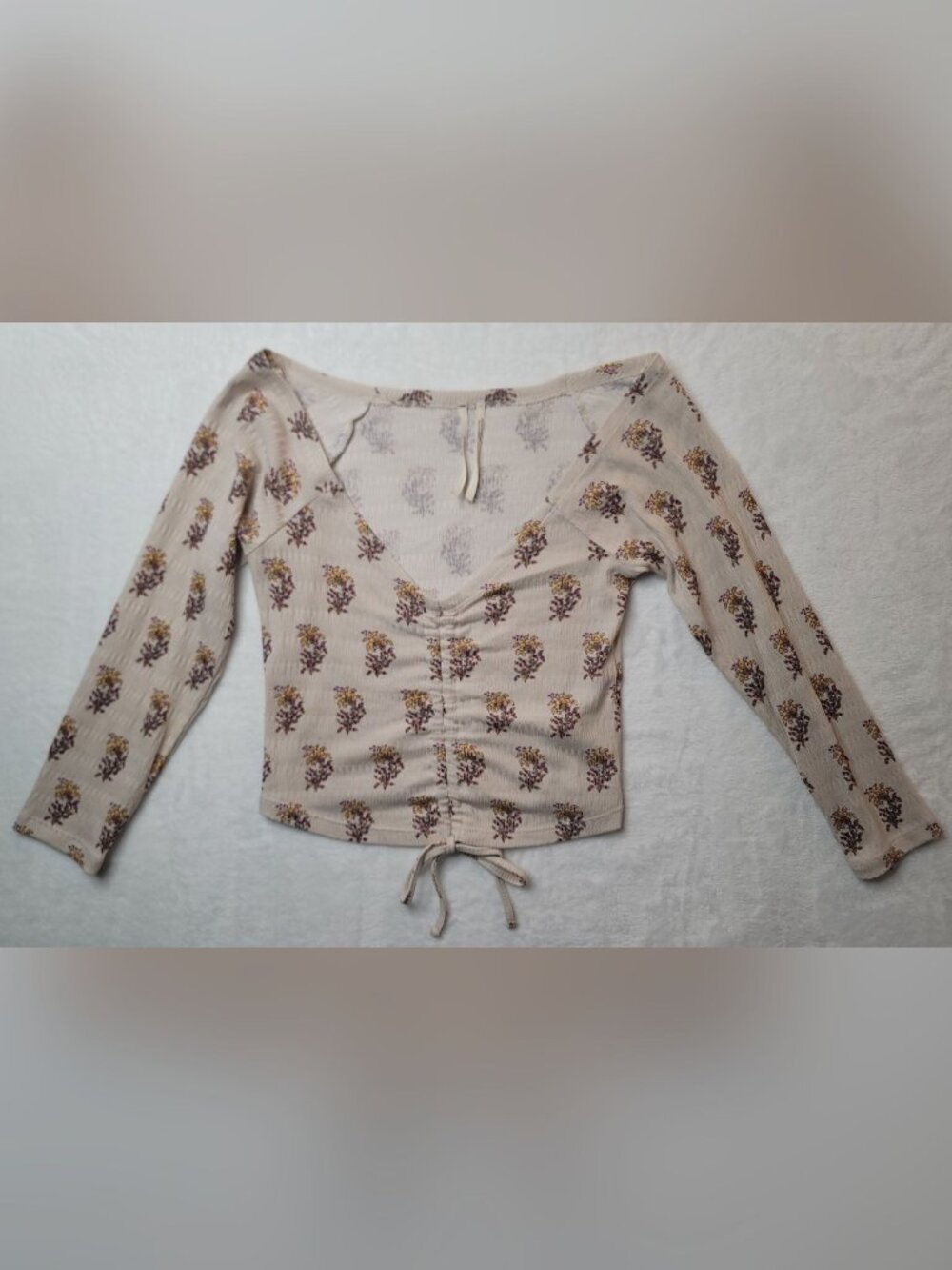 Anthropologie Sabrina Cinched Crop Top 3/4 Sleeves XS Floral Neutral Tie Front